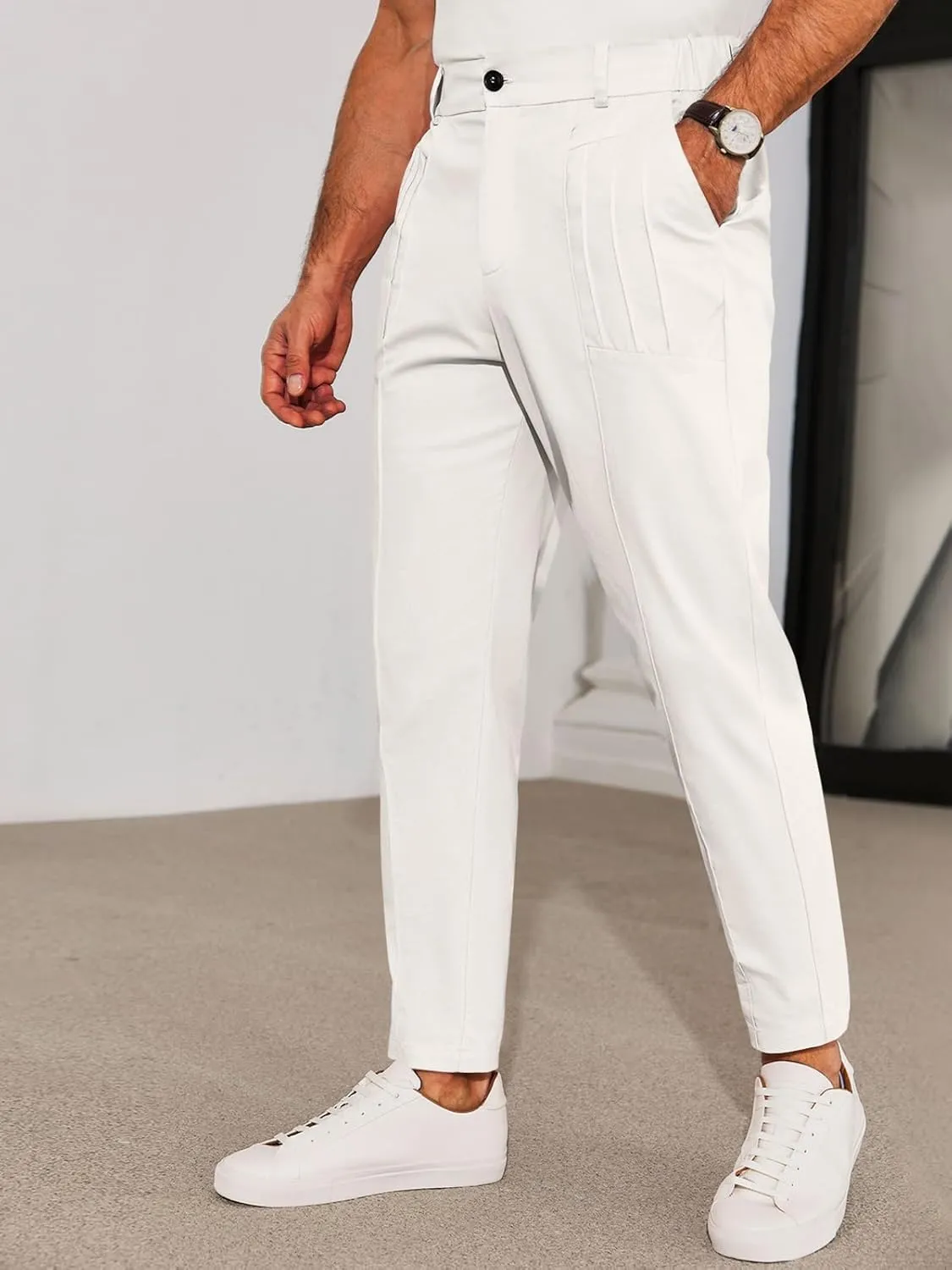 Runcati Mens Slim Fit Dress Pants Chino Casual Elastic Waist Slacks Trousers Skinny Stretch Suit Pants