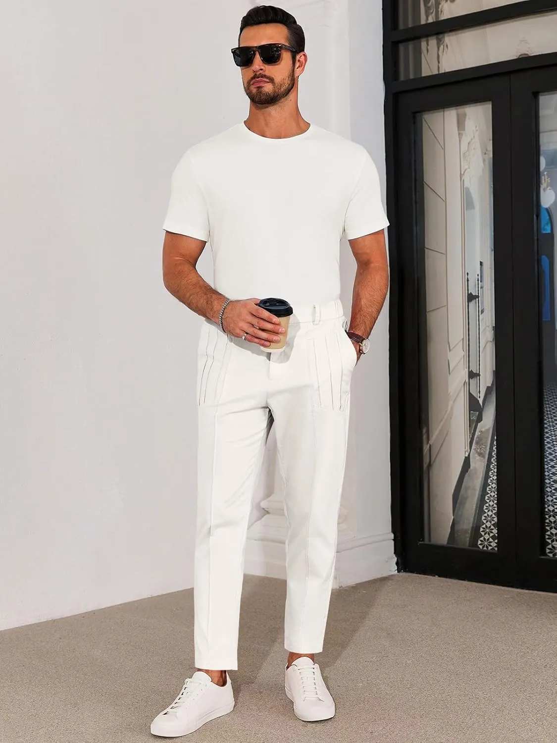 Runcati Mens Slim Fit Dress Pants Chino Casual Elastic Waist Slacks Trousers Skinny Stretch Suit Pants