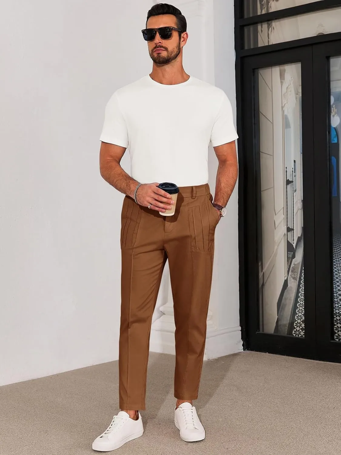 Runcati Mens Slim Fit Dress Pants Chino Casual Elastic Waist Slacks Trousers Skinny Stretch Suit Pants