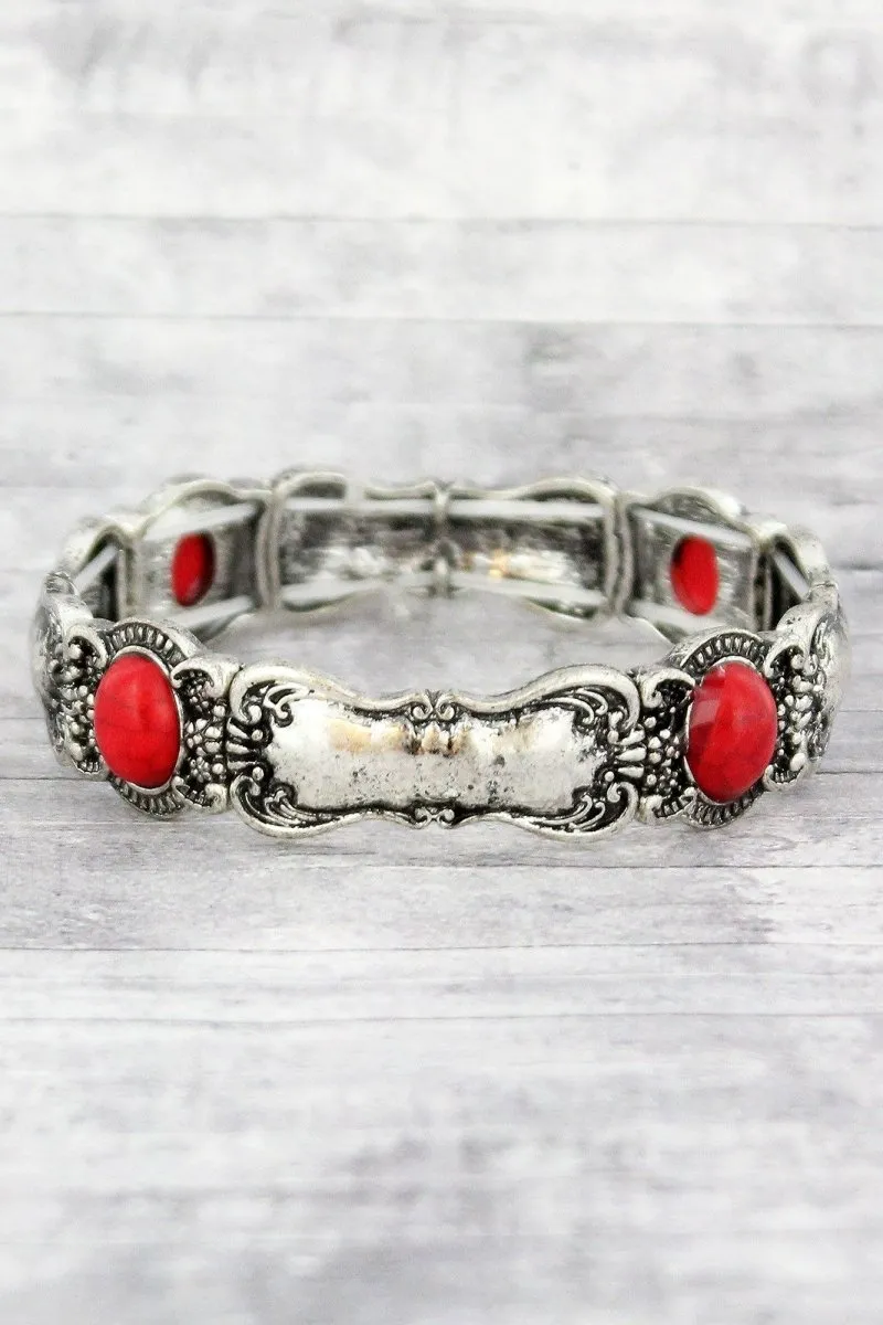 SALE! Burnished Silvertone and Coral Bead Spoon Stretch Bracelet