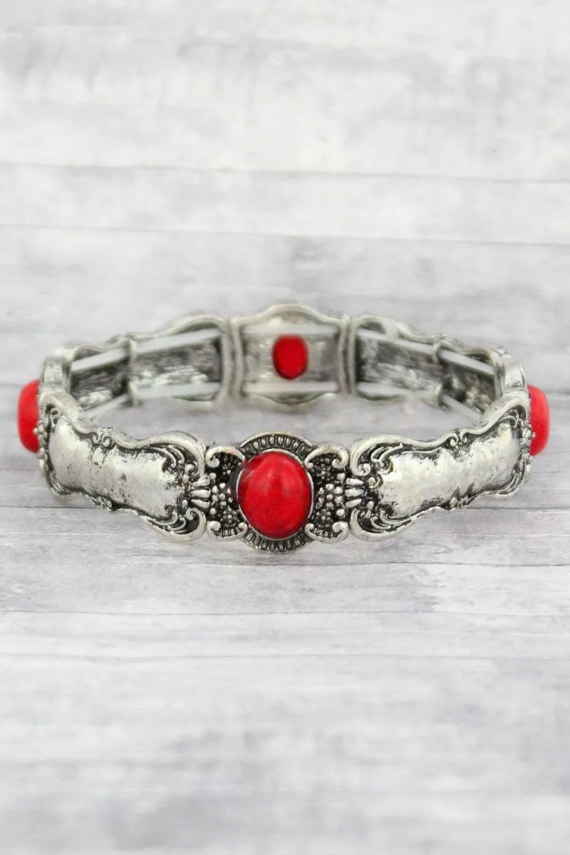 SALE! Burnished Silvertone and Coral Bead Spoon Stretch Bracelet