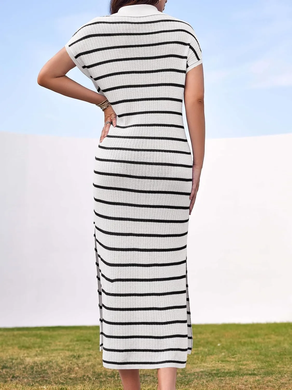 Saodimallsu Womens Striped Summer Dresses Short Sleeve V Neck Knit Collared Sexy Slit Loose Maxi Sweater Dress