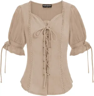 Scarlet Darkness Renaissance Shirts for Women Summer Plus Size Lace-up Tops