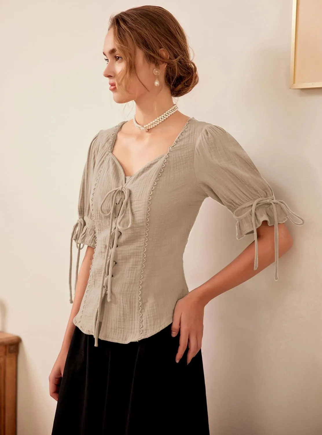 Scarlet Darkness Renaissance Shirts for Women Summer Plus Size Lace-up Tops