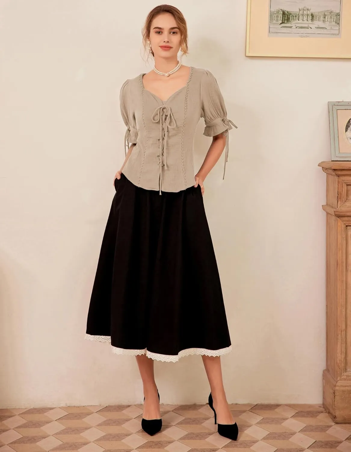 Scarlet Darkness Renaissance Shirts for Women Summer Plus Size Lace-up Tops
