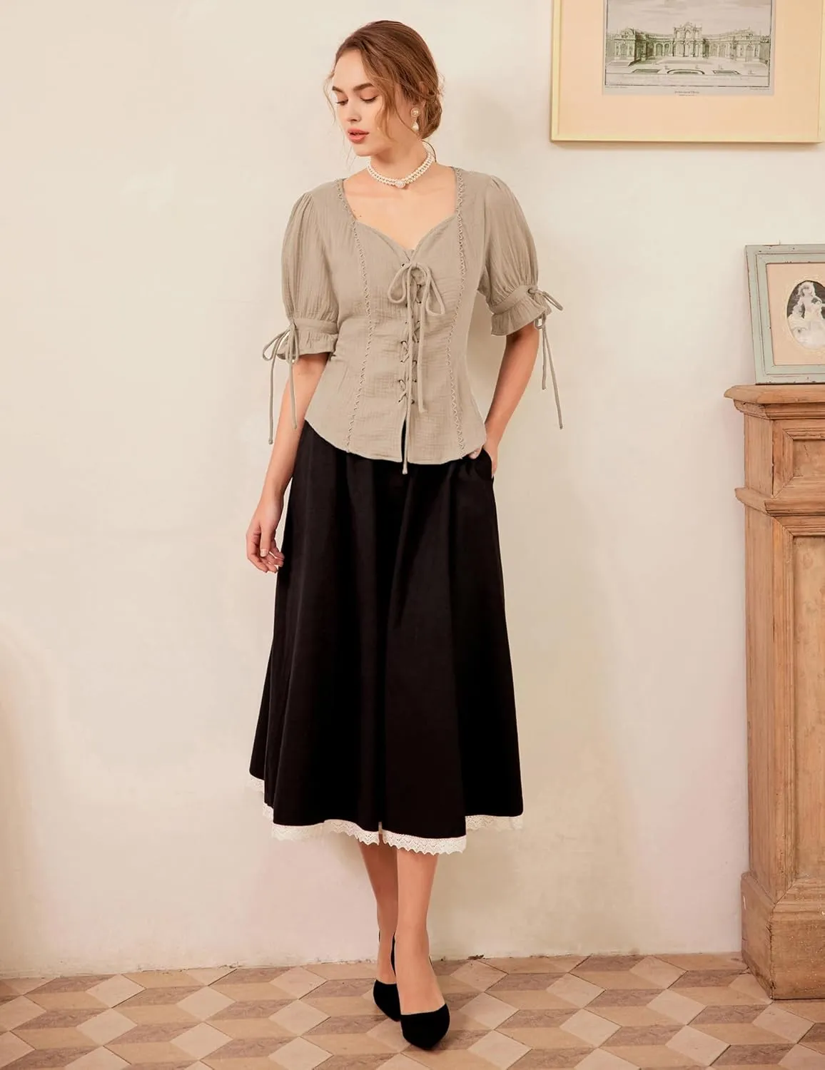 Scarlet Darkness Renaissance Shirts for Women Summer Plus Size Lace-up Tops
