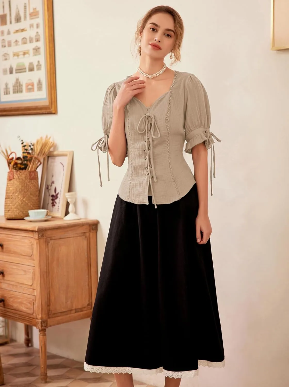 Scarlet Darkness Renaissance Shirts for Women Summer Plus Size Lace-up Tops