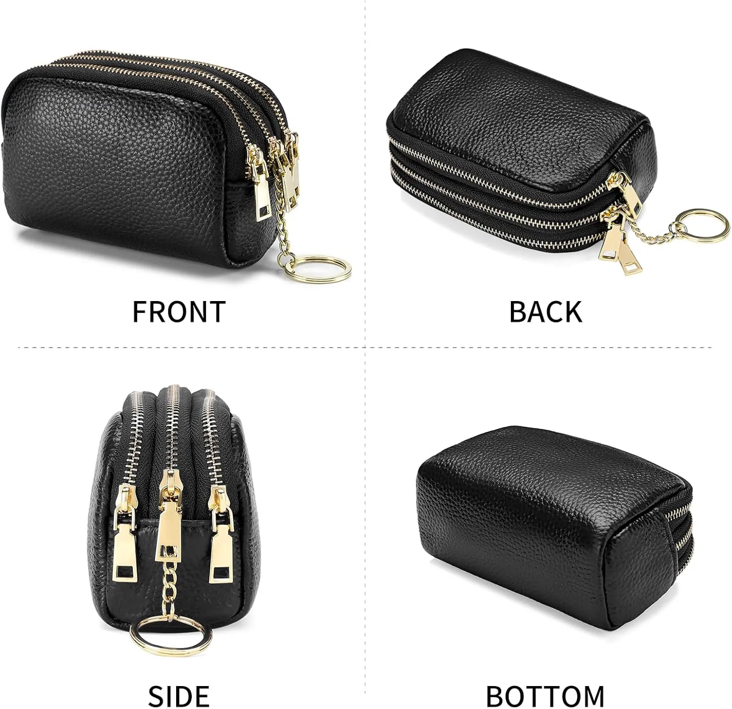 SENDEFN Small Coin Purse Leather 3 Zippered Change Pouch Wallet with Key Ring for Women