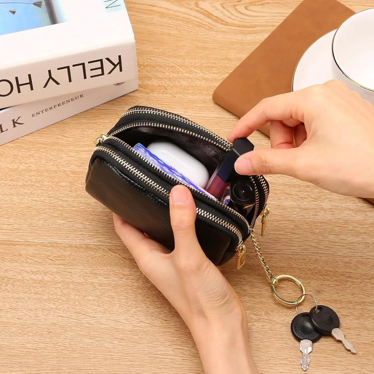 SENDEFN Small Coin Purse Leather 3 Zippered Change Pouch Wallet with Key Ring for Women