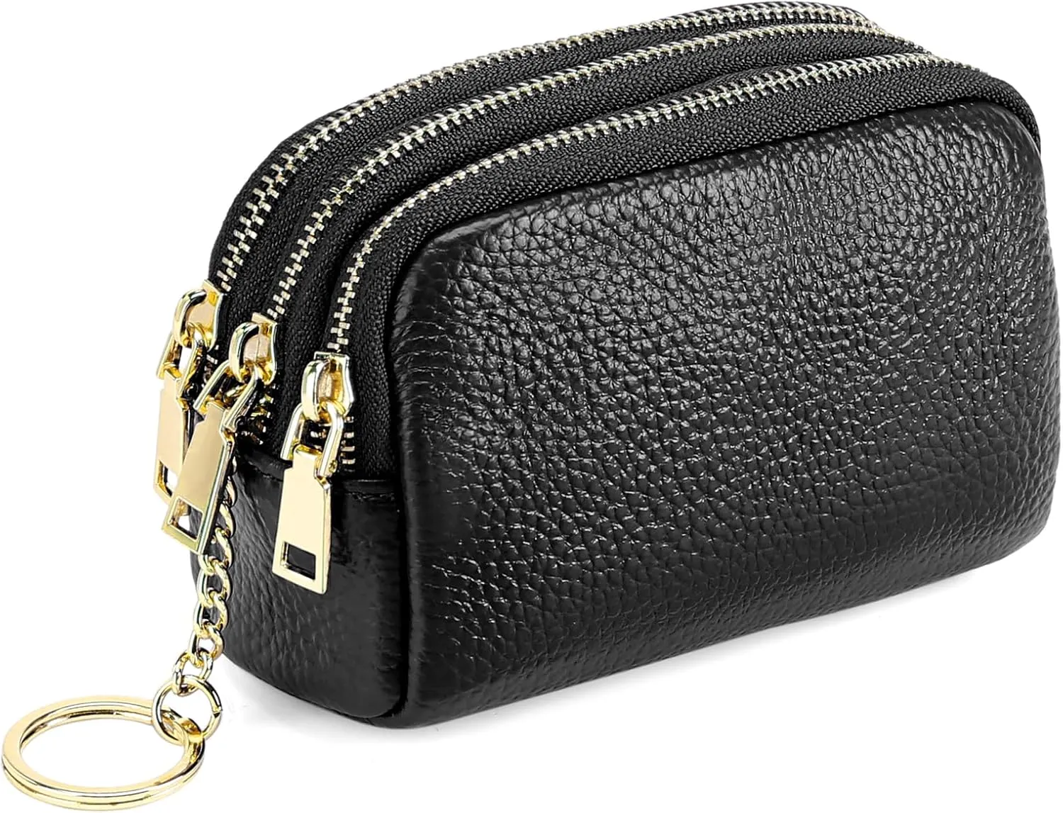 SENDEFN Small Coin Purse Leather 3 Zippered Change Pouch Wallet with Key Ring for Women