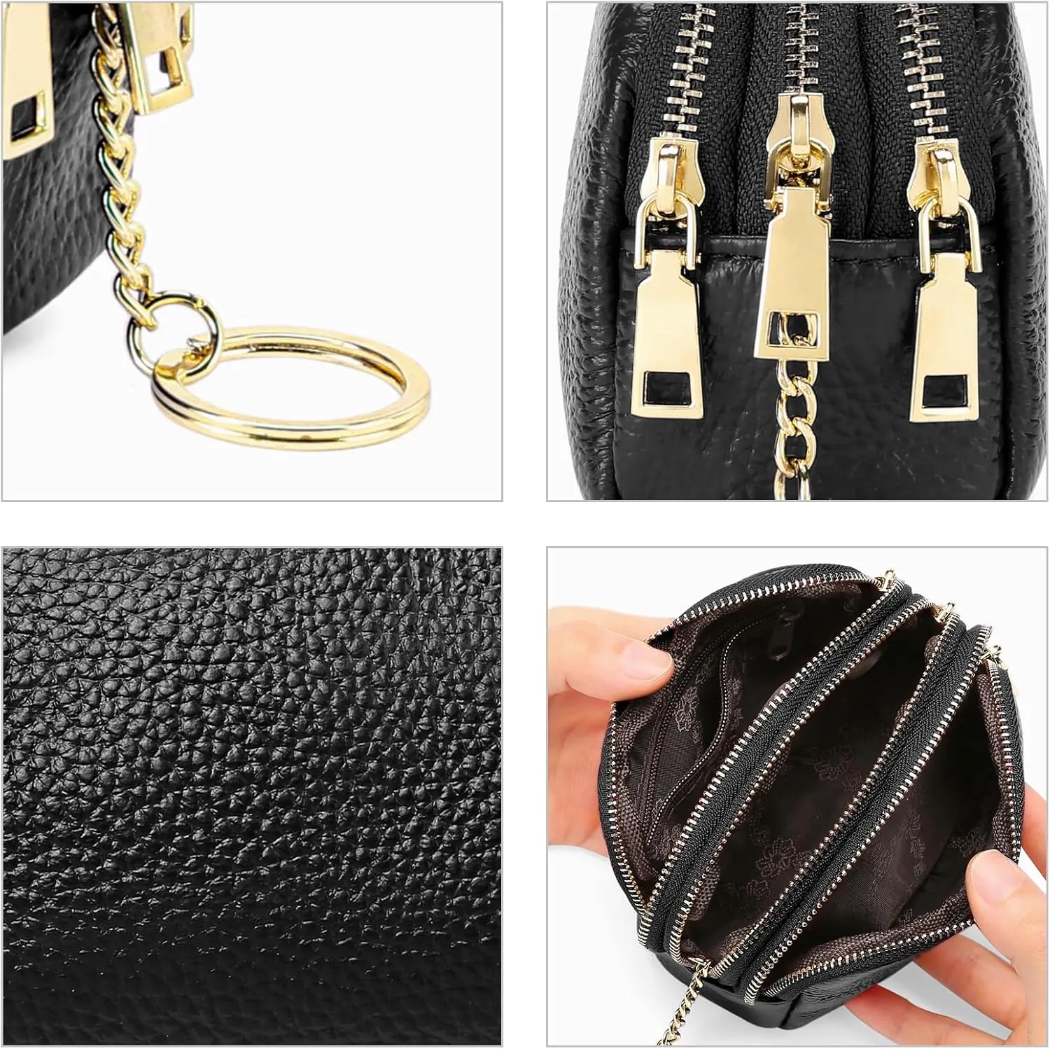 SENDEFN Small Coin Purse Leather 3 Zippered Change Pouch Wallet with Key Ring for Women