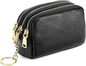 SENDEFN Small Coin Purse Leather 3 Zippered Change Pouch Wallet with Key Ring for Women