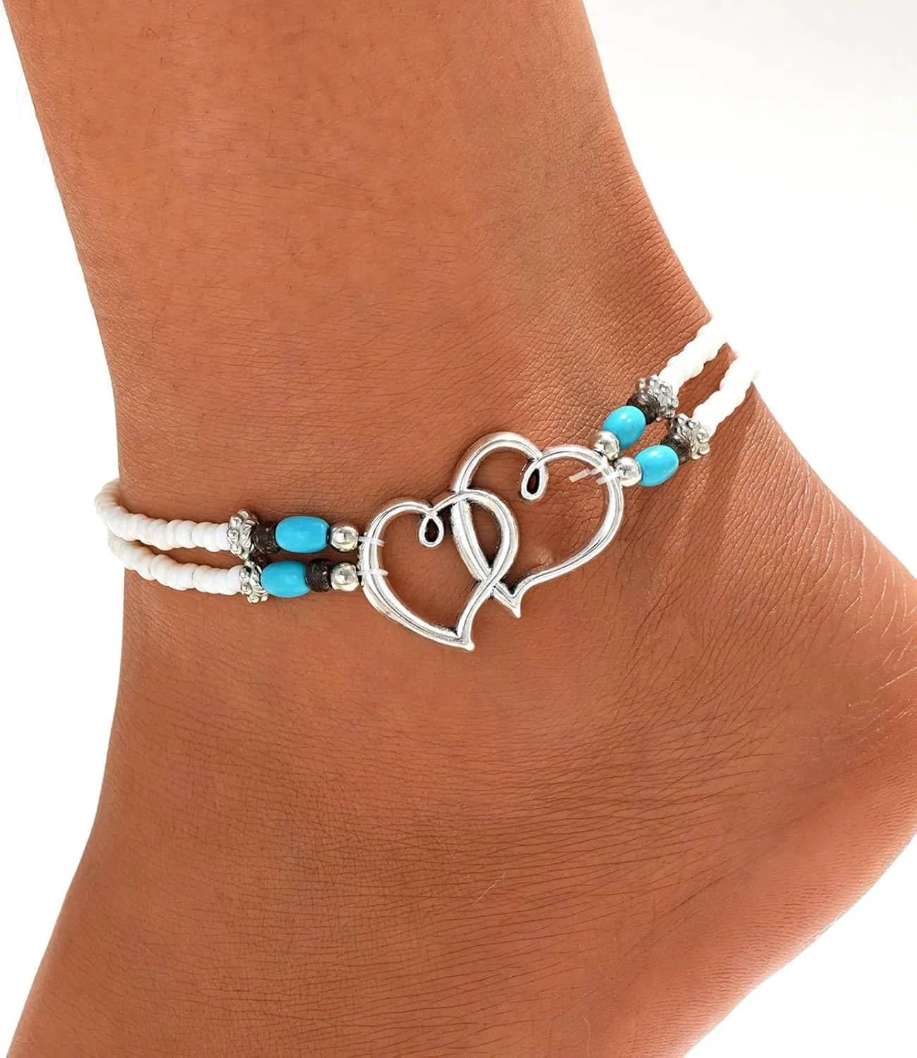 Shell Beaded Ankle Bracelet for Women, Double Layered Hollow Heart Sea Shell & Starfish Anklet Boho Turquoise Elastic Anklet Bracelet Summer Beach Foot Jewelry