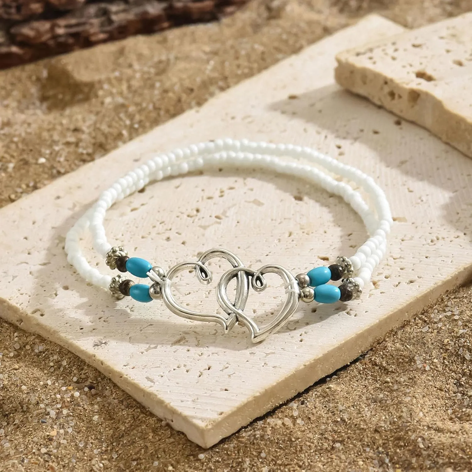 Shell Beaded Ankle Bracelet for Women, Double Layered Hollow Heart Sea Shell & Starfish Anklet Boho Turquoise Elastic Anklet Bracelet Summer Beach Foot Jewelry