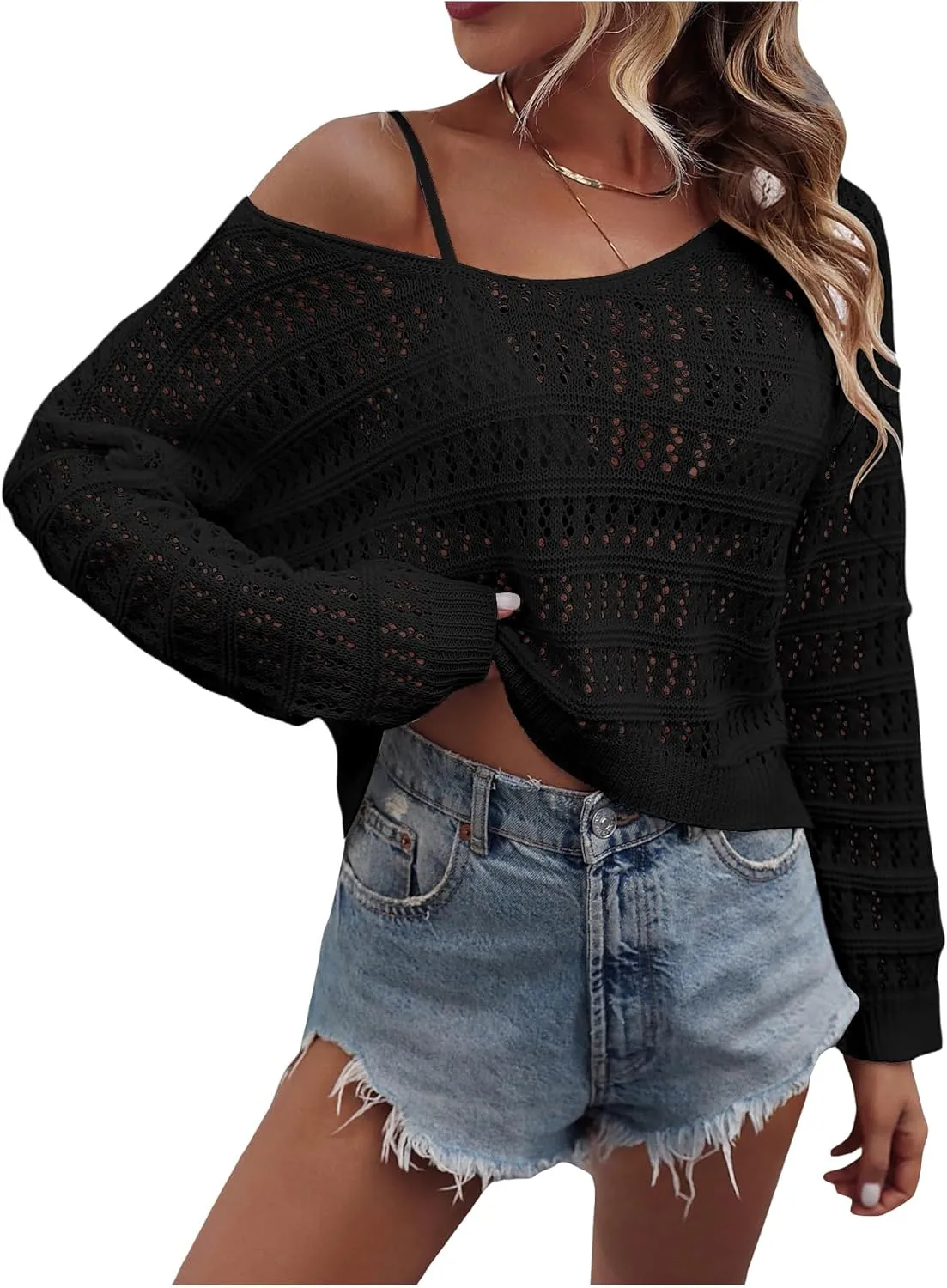 SHENHE Women's Crochet Hollow Out Drop Shoulder Scoop Neck Long Sleeve Sweater Top