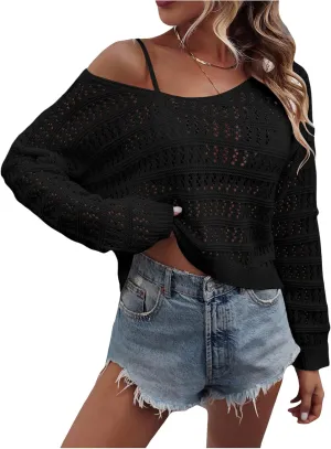 SHENHE Women's Crochet Hollow Out Drop Shoulder Scoop Neck Long Sleeve Sweater Top