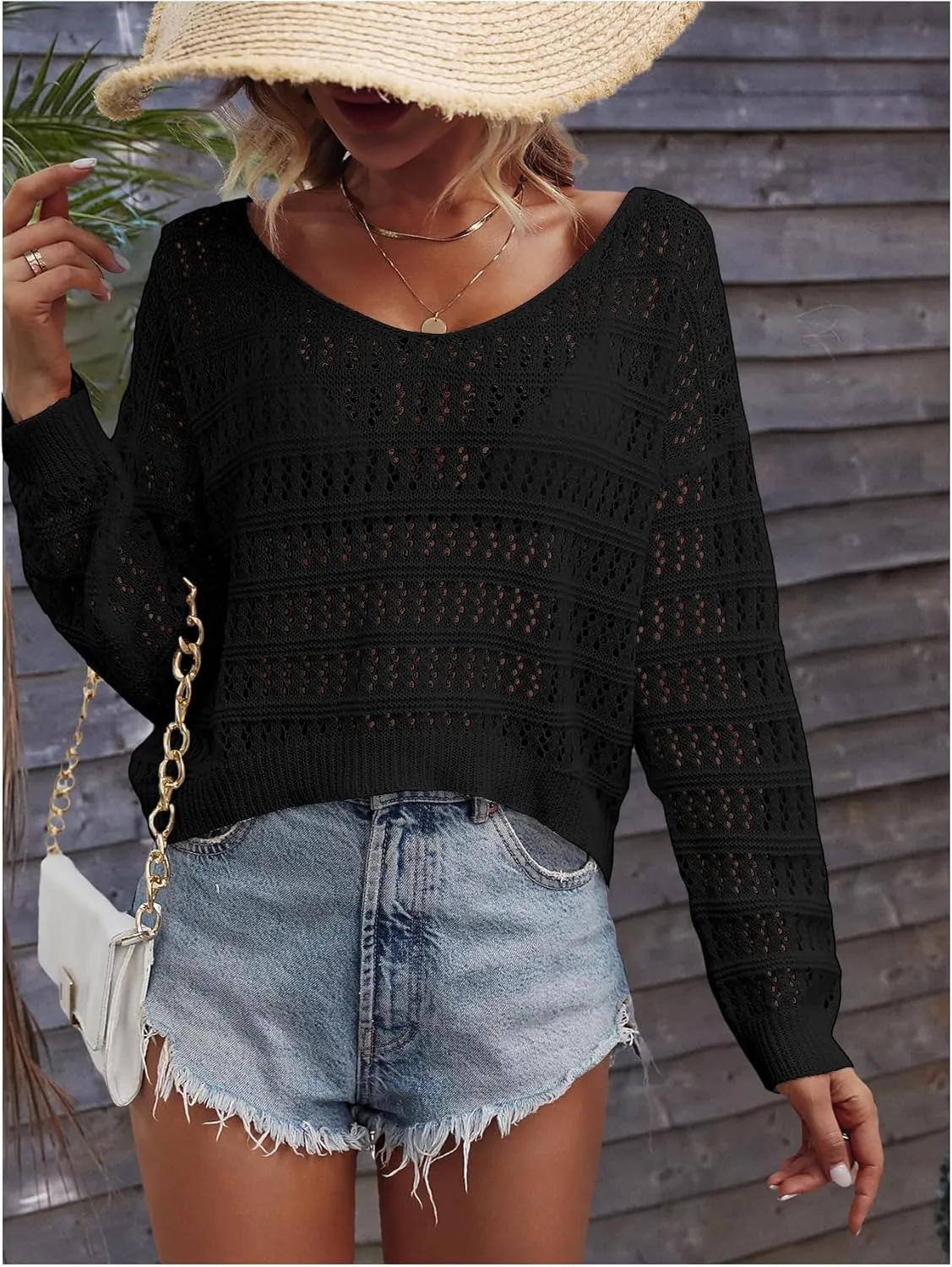 SHENHE Women's Crochet Hollow Out Drop Shoulder Scoop Neck Long Sleeve Sweater Top