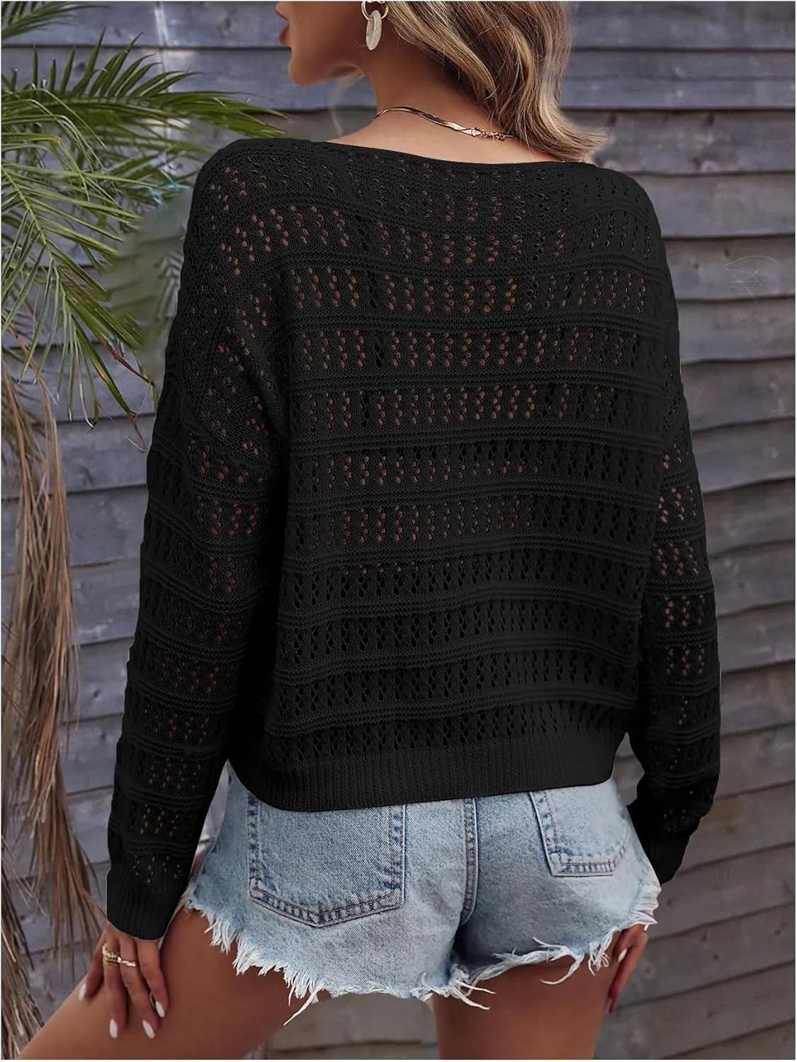 SHENHE Women's Crochet Hollow Out Drop Shoulder Scoop Neck Long Sleeve Sweater Top