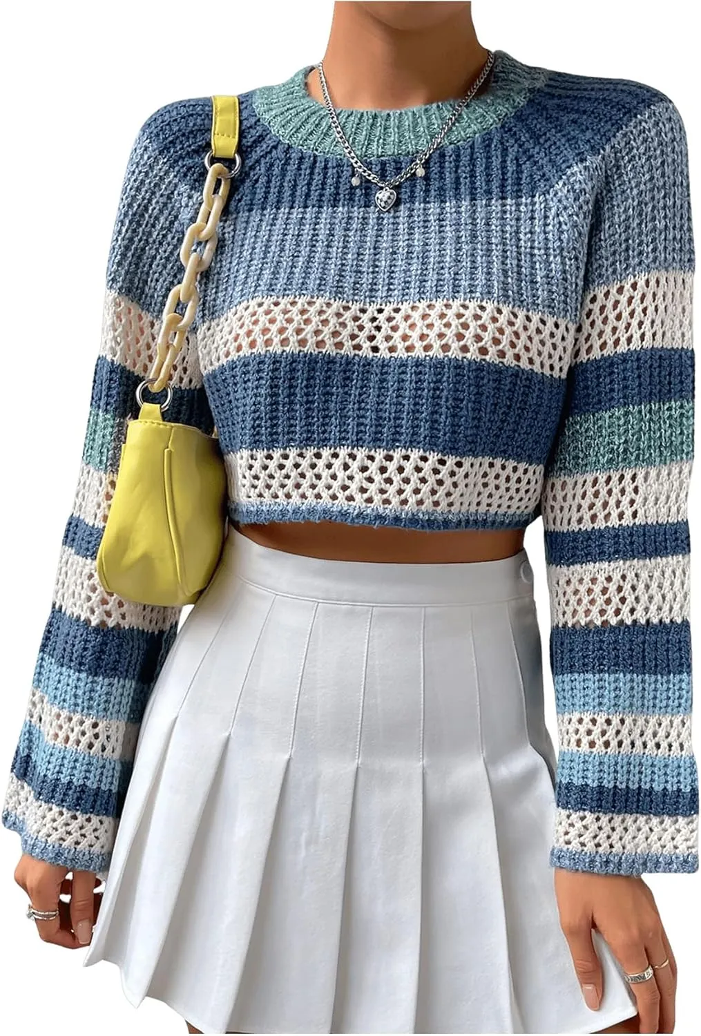 SHENHE Women's Crochet Striped Color Block Crewneck Long Sleeve Knit Cropped Sweater Tops