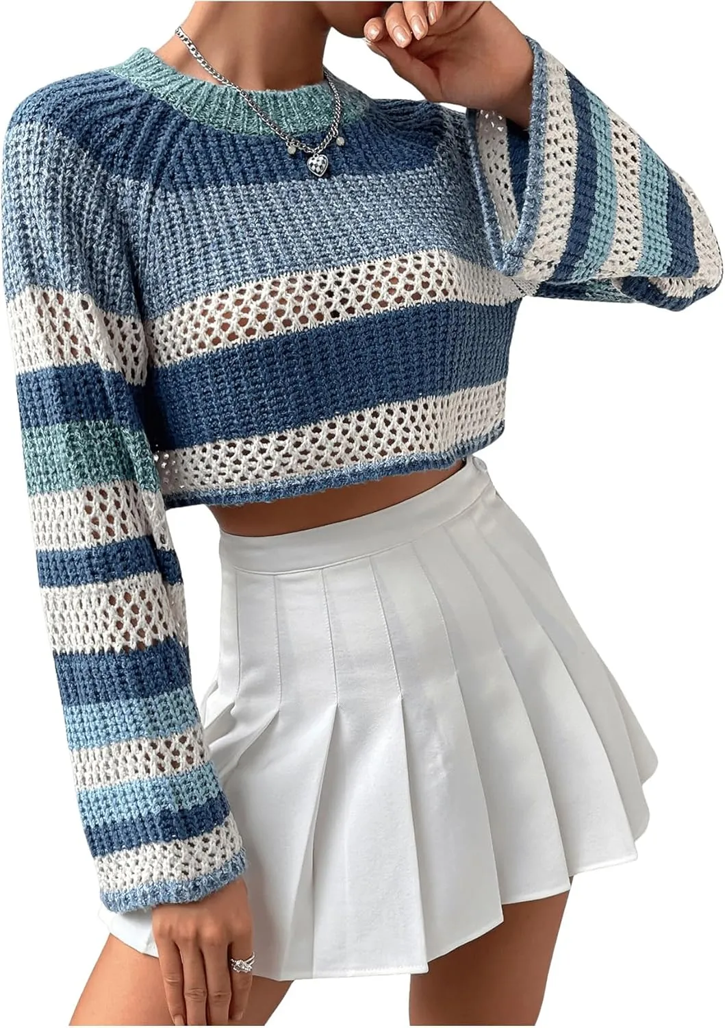 SHENHE Women's Crochet Striped Color Block Crewneck Long Sleeve Knit Cropped Sweater Tops