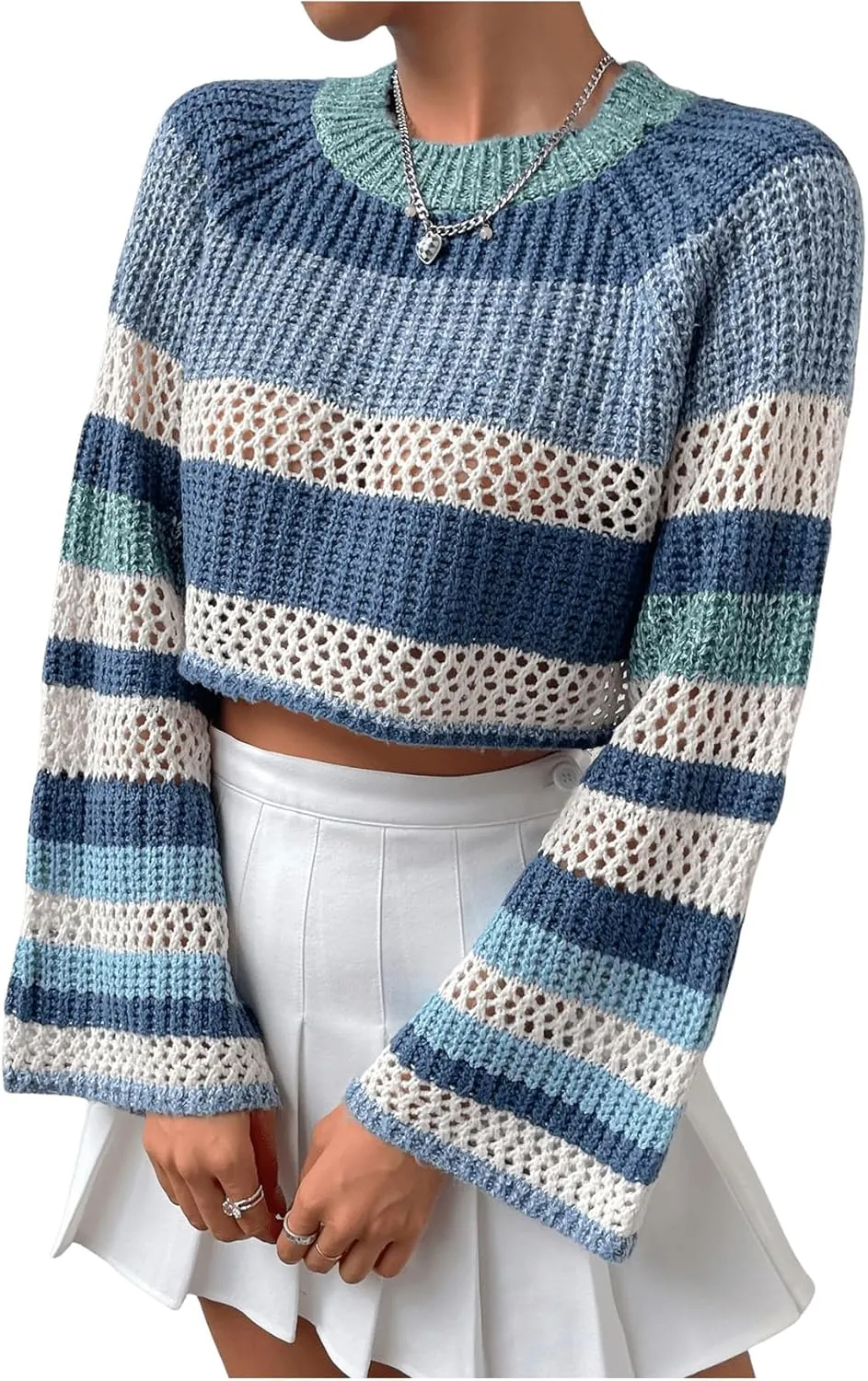 SHENHE Women's Crochet Striped Color Block Crewneck Long Sleeve Knit Cropped Sweater Tops