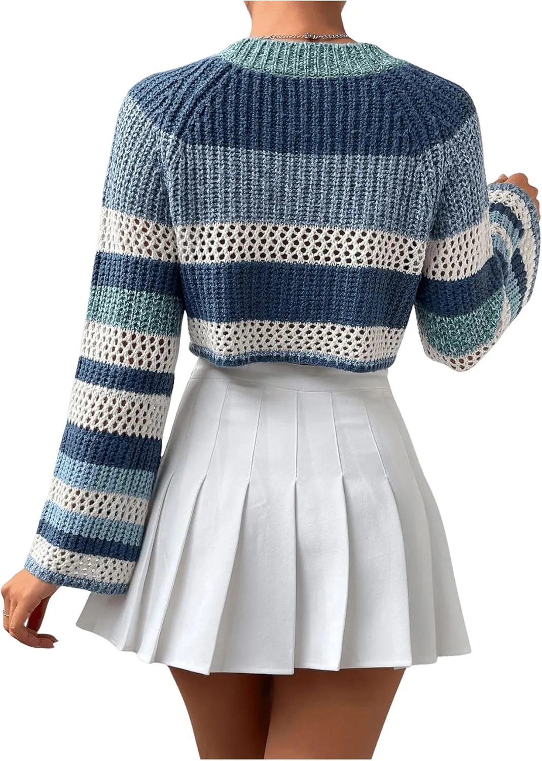 SHENHE Women's Crochet Striped Color Block Crewneck Long Sleeve Knit Cropped Sweater Tops