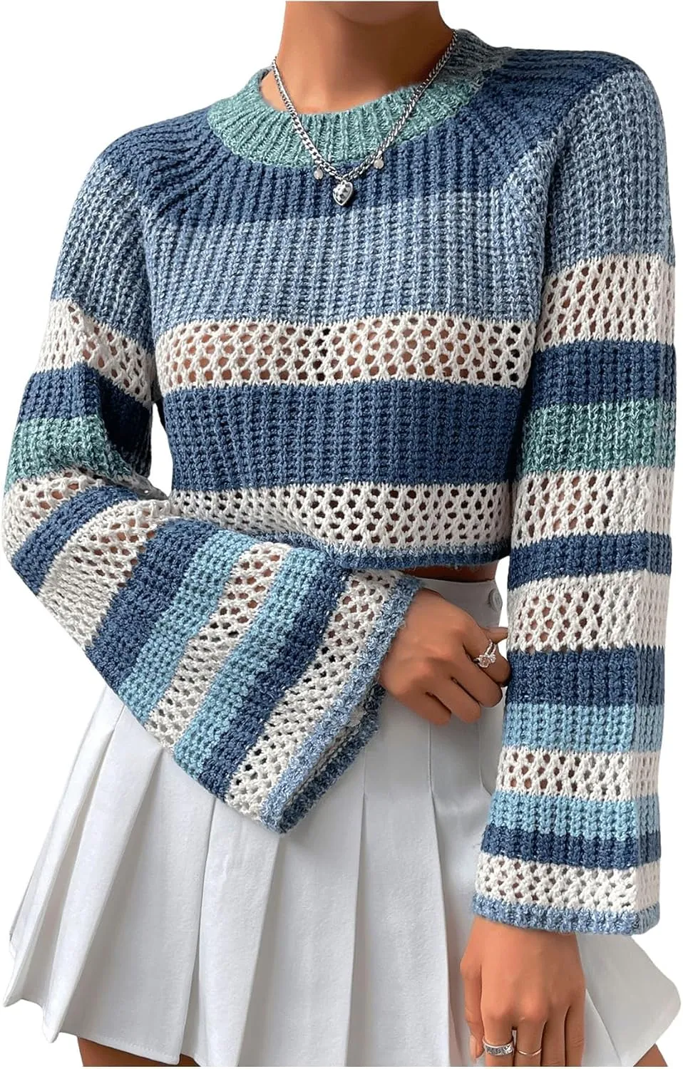 SHENHE Women's Crochet Striped Color Block Crewneck Long Sleeve Knit Cropped Sweater Tops