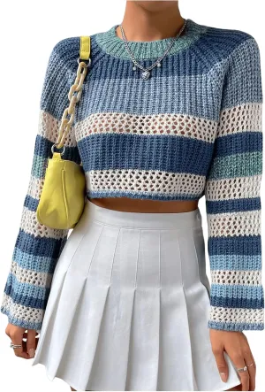 SHENHE Women's Crochet Striped Color Block Crewneck Long Sleeve Knit Cropped Sweater Tops