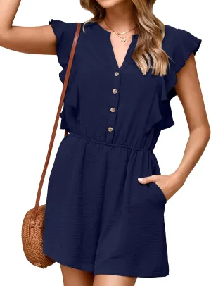 Simplee Apparel Womens Summer Romper - Flutter Sleeve Cruise Outfits Button Casual Wide Leg Jumpsuit Dressy with Pockets