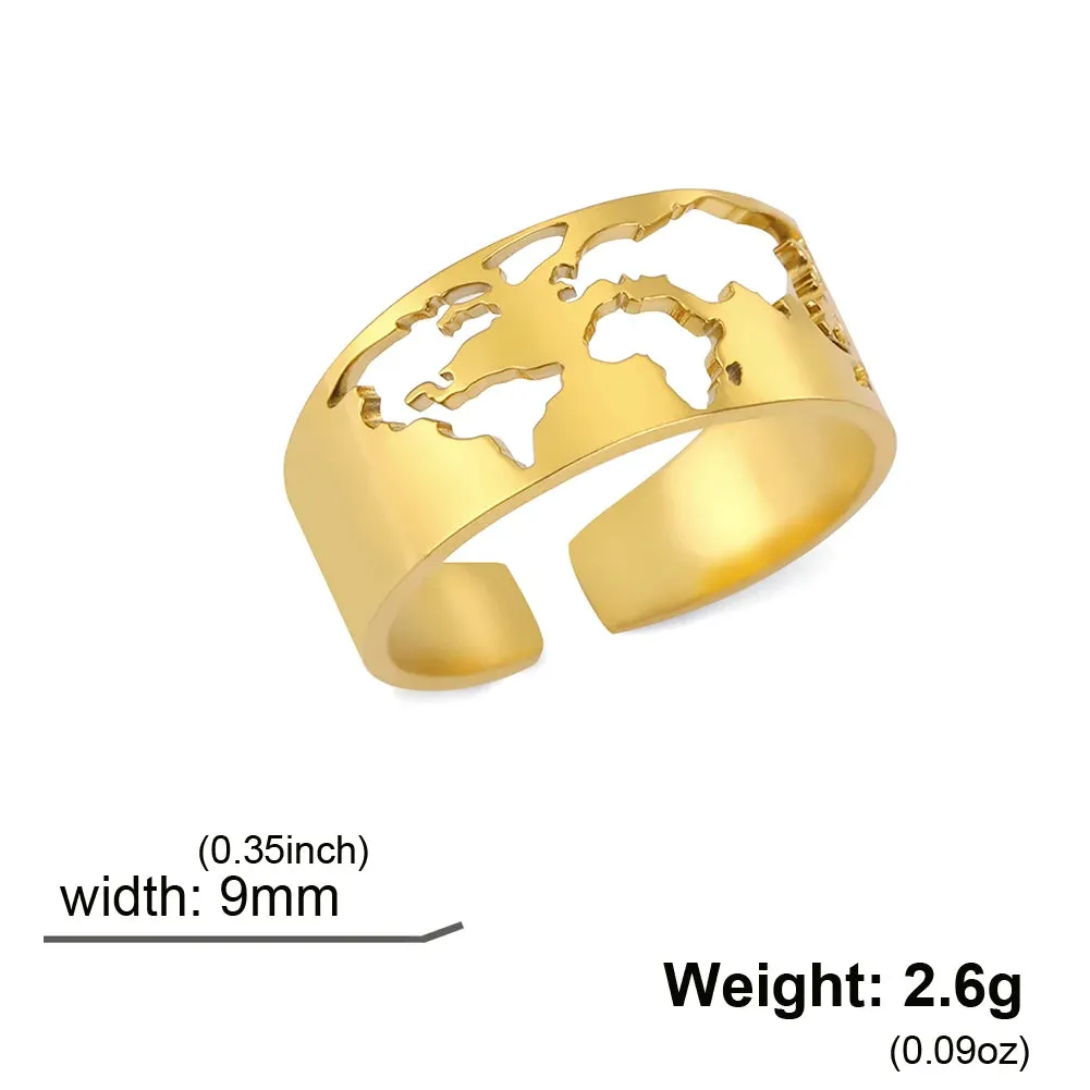 Sipuris World Map Hollow Open Rings For Women Men Stainless Steel Mirror Surface Boho Finger Men's Ring Jewelry Wedding Gifts