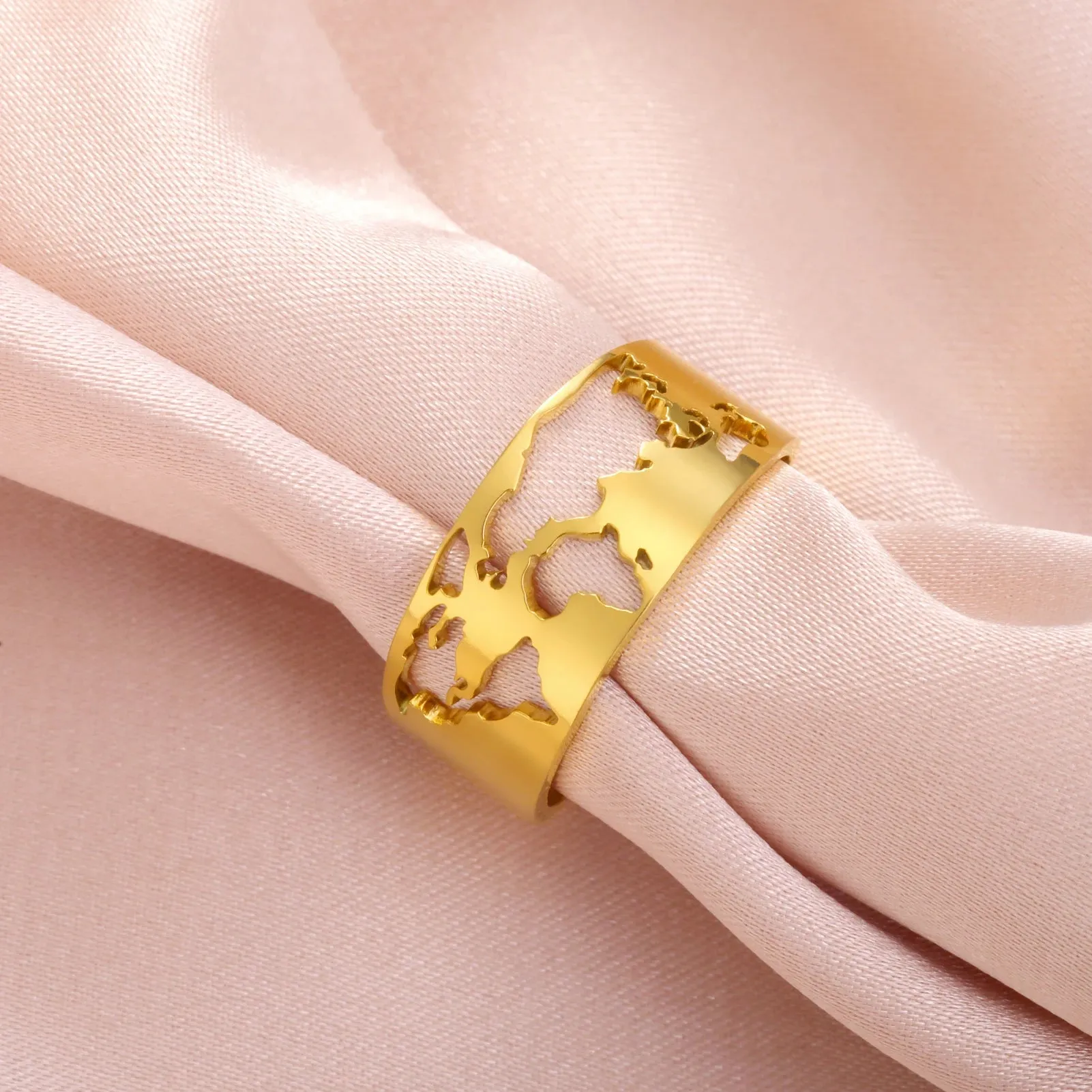 Sipuris World Map Hollow Open Rings For Women Men Stainless Steel Mirror Surface Boho Finger Men's Ring Jewelry Wedding Gifts
