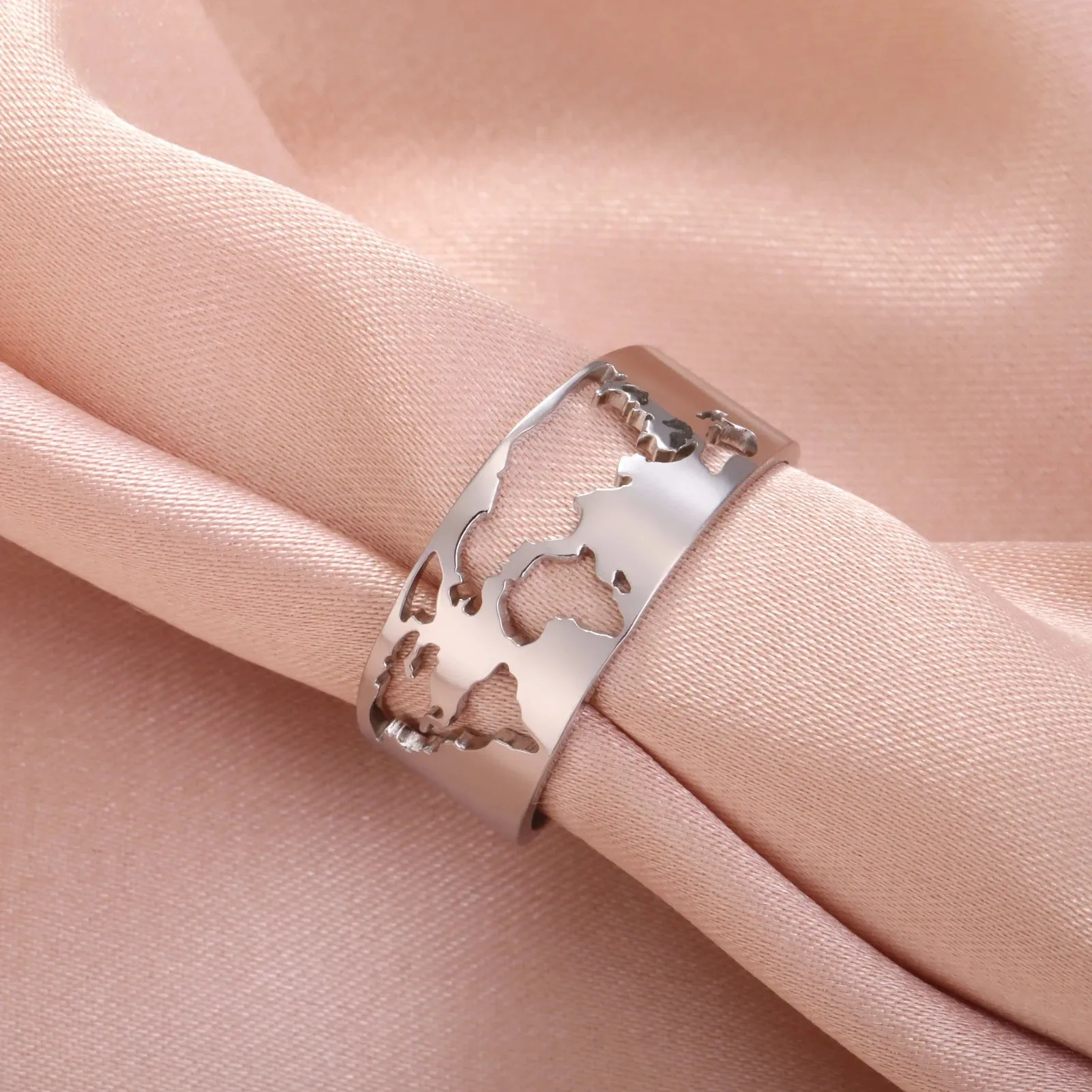 Sipuris World Map Hollow Open Rings For Women Men Stainless Steel Mirror Surface Boho Finger Men's Ring Jewelry Wedding Gifts