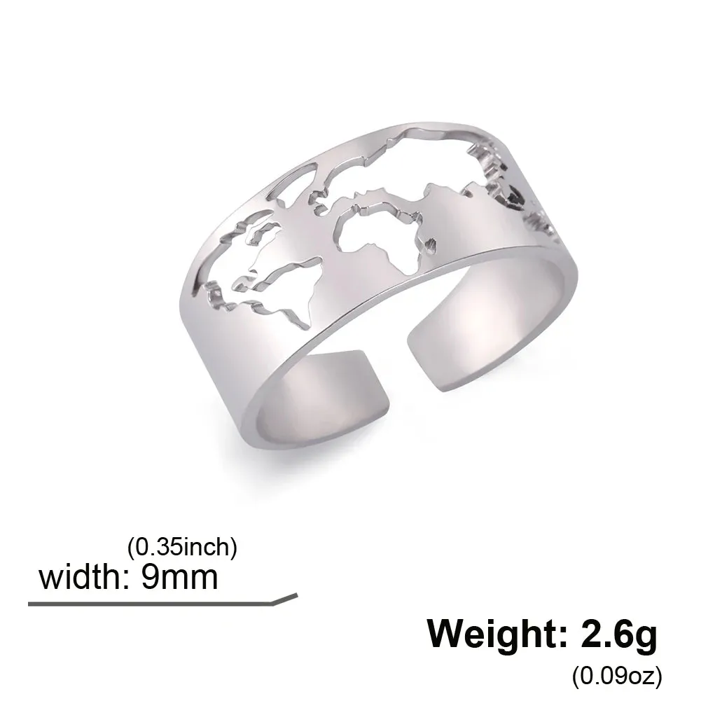 Sipuris World Map Hollow Open Rings For Women Men Stainless Steel Mirror Surface Boho Finger Men's Ring Jewelry Wedding Gifts