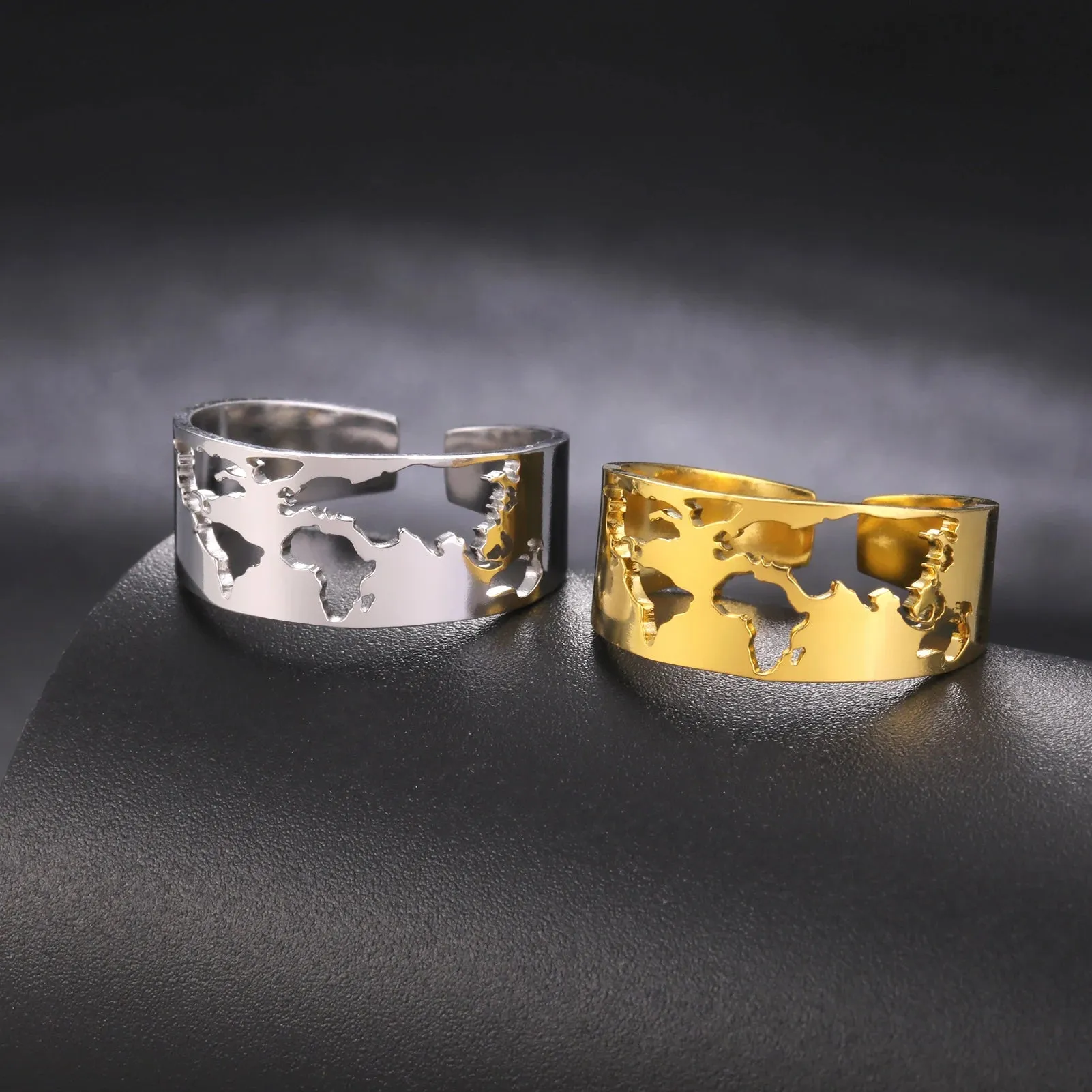 Sipuris World Map Hollow Open Rings For Women Men Stainless Steel Mirror Surface Boho Finger Men's Ring Jewelry Wedding Gifts