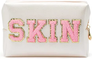SKIN Varsity Letter Cosmetic Bag Toiletry Bag PU Leather Portable Makeup Bag Zipper Pouch Storage Purse Waterproof Organizer Gift for Women Daily Travel Use White