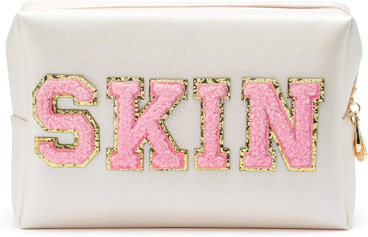 SKIN Varsity Letter Cosmetic Bag Toiletry Bag PU Leather Portable Makeup Bag Zipper Pouch Storage Purse Waterproof Organizer Gift for Women Daily Travel Use White