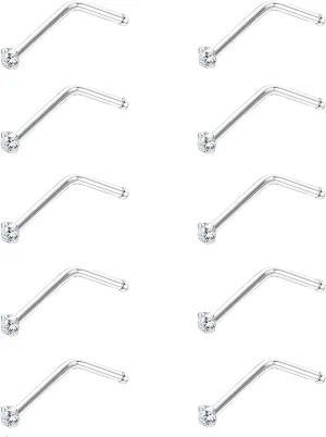 Sllaiss 10Pcs 22G Sterling Silver Small L Shape Nose Ring Studs for Women Mens Czech Crystal Curved Nose Piercings Set Body Jewelry Hypoallergenic
