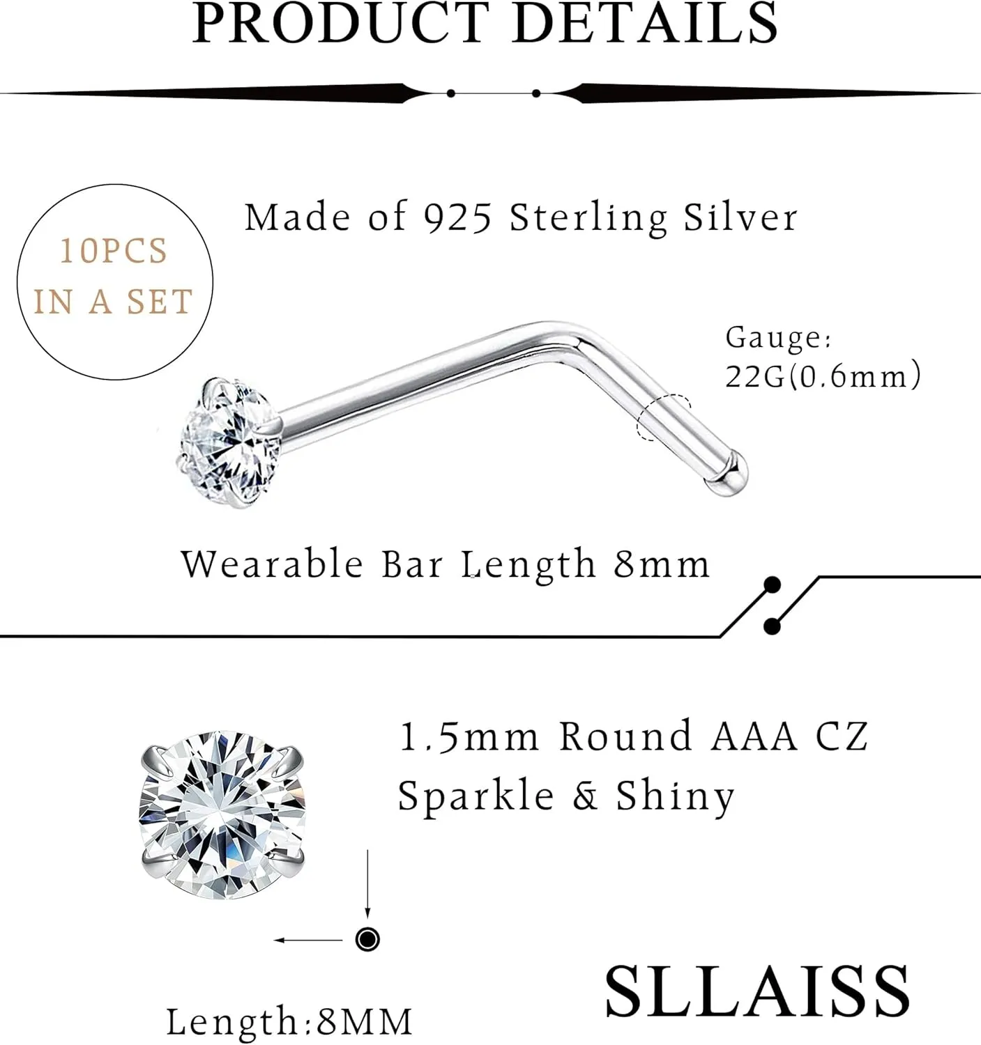 Sllaiss 10Pcs 22G Sterling Silver Small L Shape Nose Ring Studs for Women Mens Czech Crystal Curved Nose Piercings Set Body Jewelry Hypoallergenic