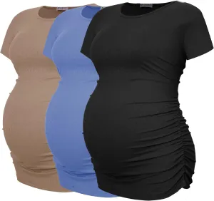 Smallshow Women's Maternity Shirts Ribbed Ruched Pregnancy Clothes Tops 3 Packs