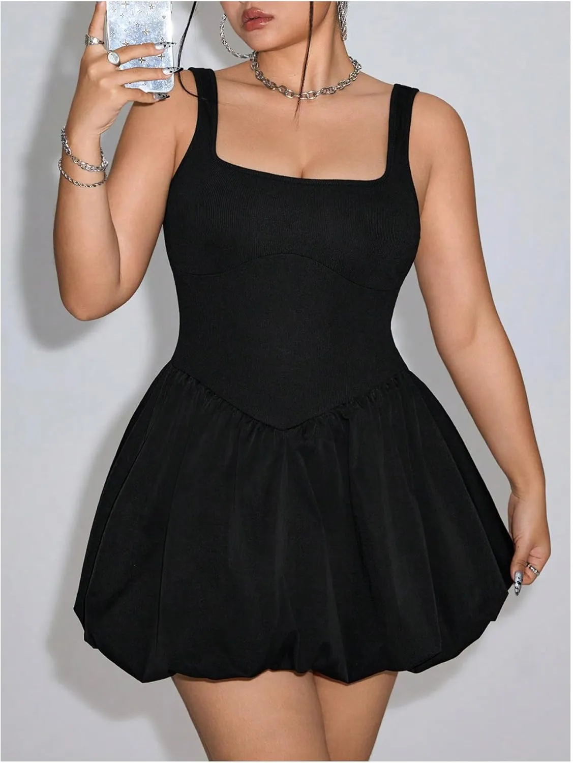 SOLY HUX Women's Plus Size Square Neck Sleeveless A Line Bubble Dress Y2k Mini Dresses