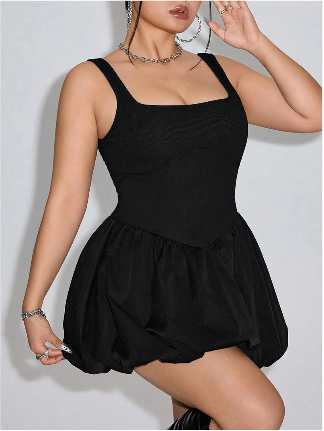 SOLY HUX Women's Plus Size Square Neck Sleeveless A Line Bubble Dress Y2k Mini Dresses
