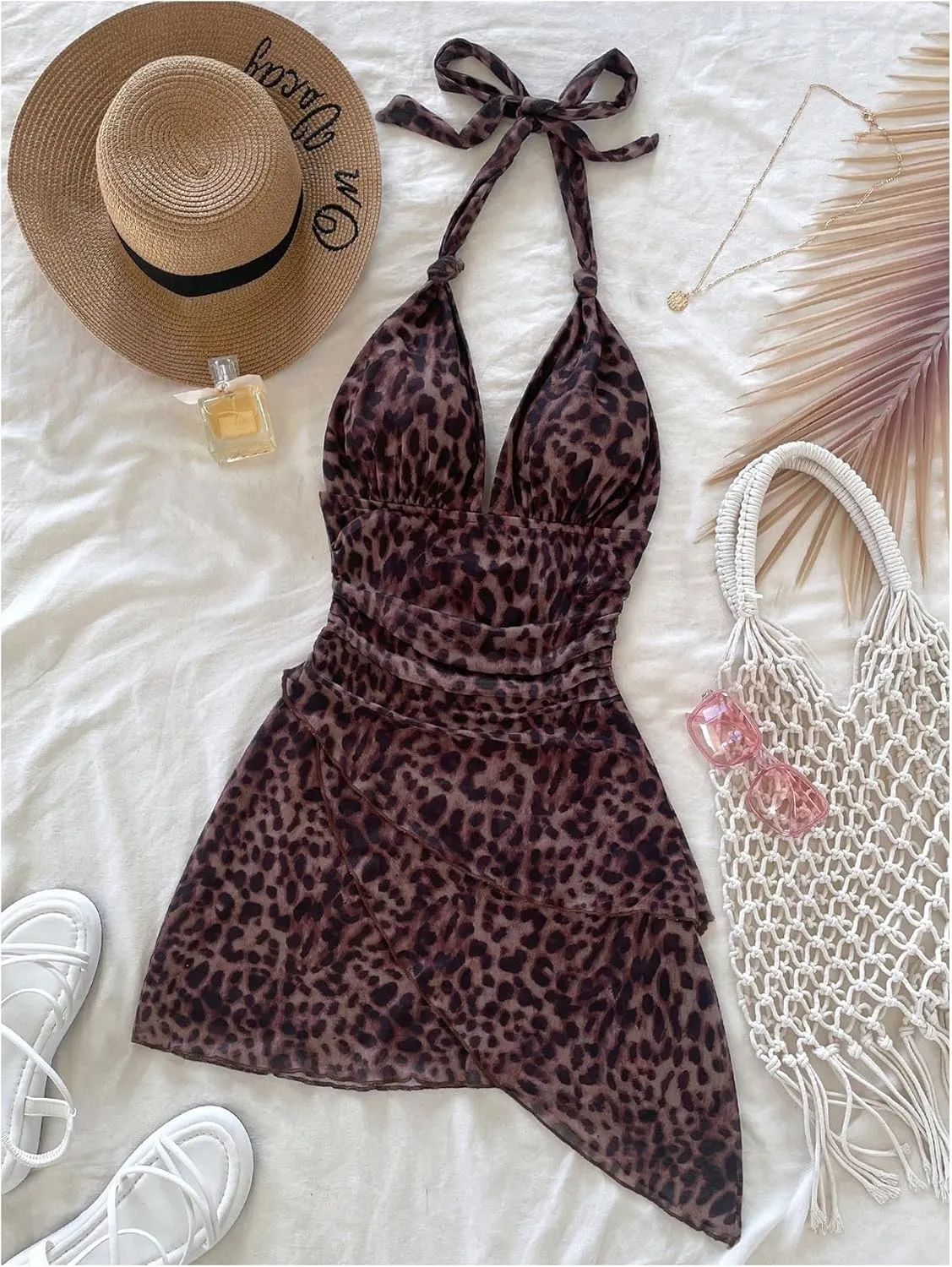 SOLY HUX Women's Sexy Leopard Print Halter V Neck Mini Dress Retro Backless Fitted Bodycon Dresses