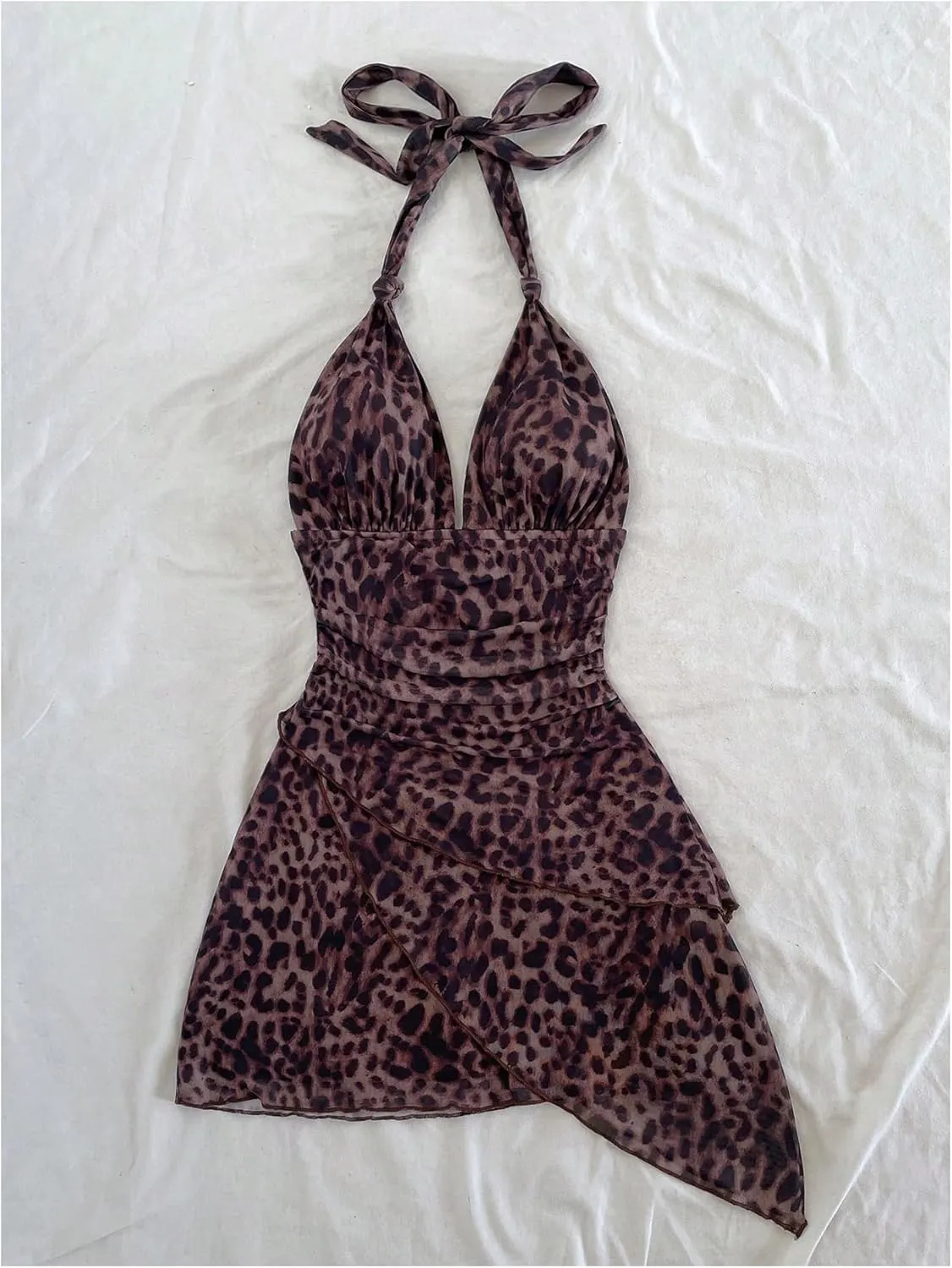 SOLY HUX Women's Sexy Leopard Print Halter V Neck Mini Dress Retro Backless Fitted Bodycon Dresses