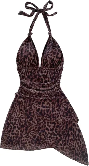 SOLY HUX Women's Sexy Leopard Print Halter V Neck Mini Dress Retro Backless Fitted Bodycon Dresses