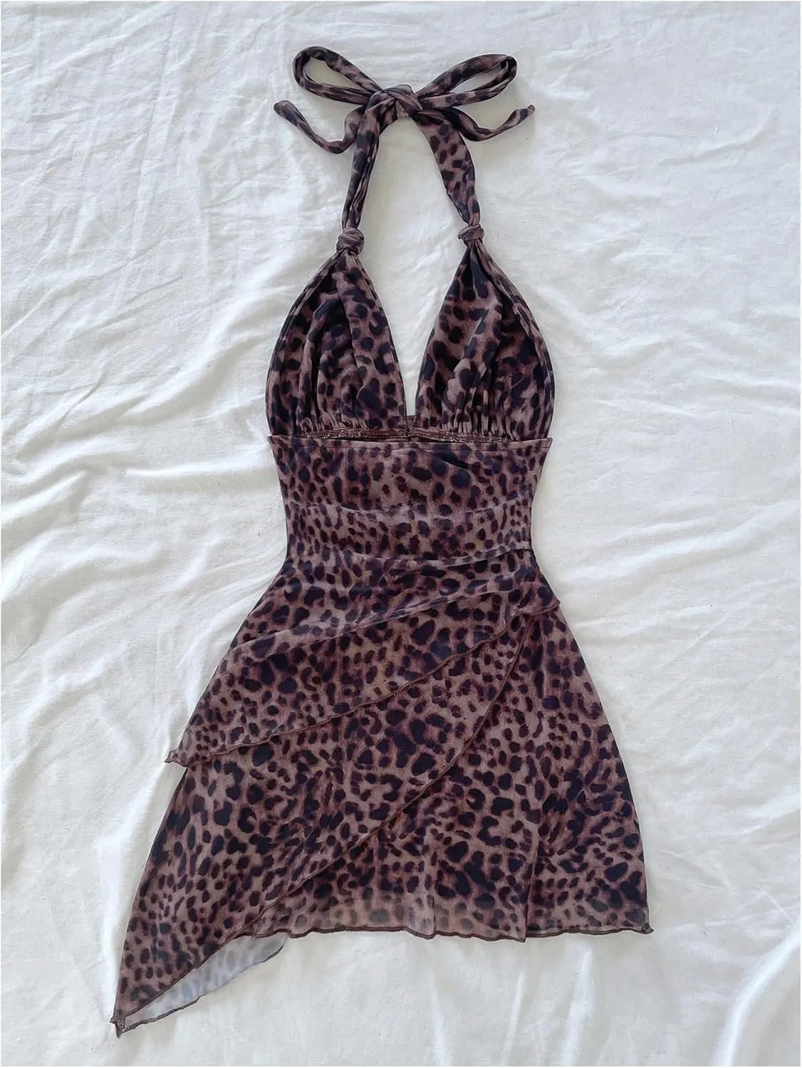 SOLY HUX Women's Sexy Leopard Print Halter V Neck Mini Dress Retro Backless Fitted Bodycon Dresses