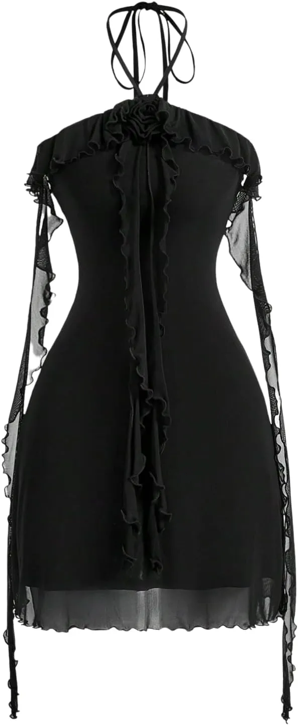 SOLY HUX Women's Summer Dresses Halter Bodycon Irregular Ruffle Trim 3D Flower Cami Mini Party Club Dress