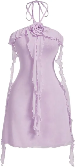 SOLY HUX Women's Summer Dresses Halter Bodycon Irregular Ruffle Trim 3D Flower Cami Mini Party Club Dress
