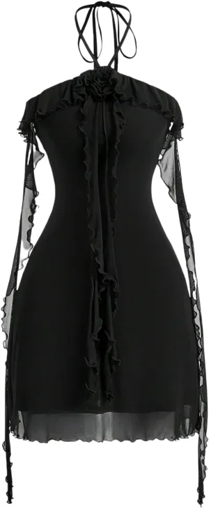 SOLY HUX Women's Summer Dresses Halter Bodycon Irregular Ruffle Trim 3D Flower Cami Mini Party Club Dress