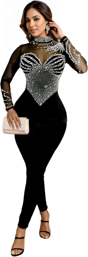 Sparkly Rhinestone Embellished Jumpsuit Sexy Birthday Outfits for Women