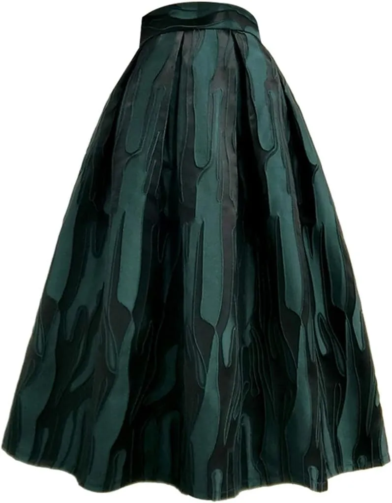 Spring Autumn Vintage Elegant Women Striped Jacquard High Waisted Long Pleated Skirt